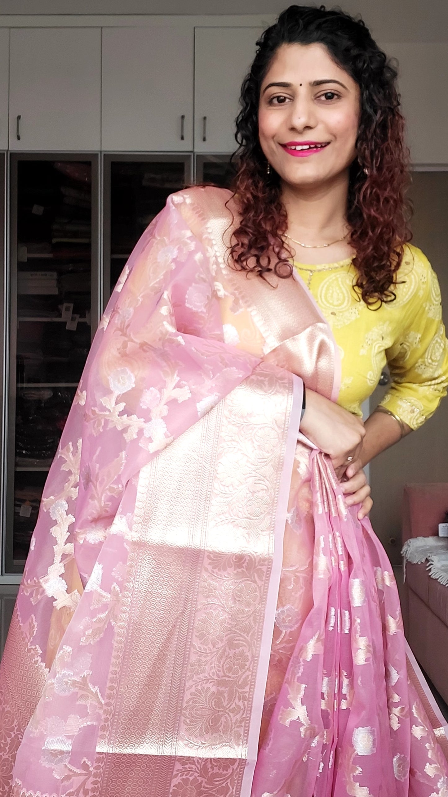 Semi Organza Banarasi Saree- Pink