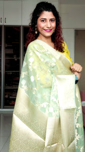 Semi Organza Banarasi Saree- Pista Green