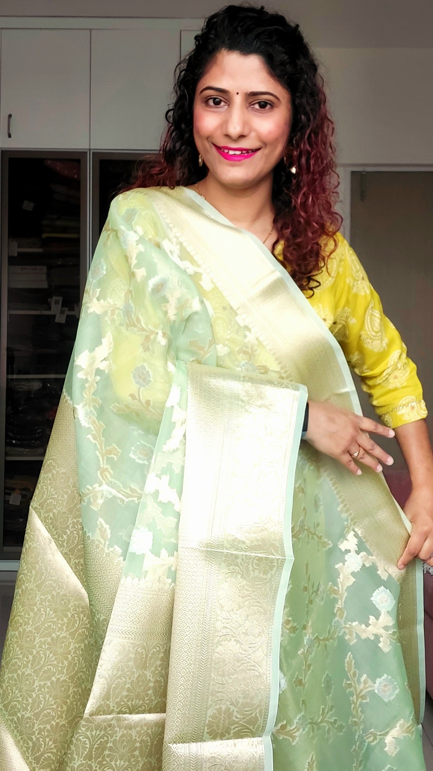 Semi Organza Banarasi Saree- Pista Green