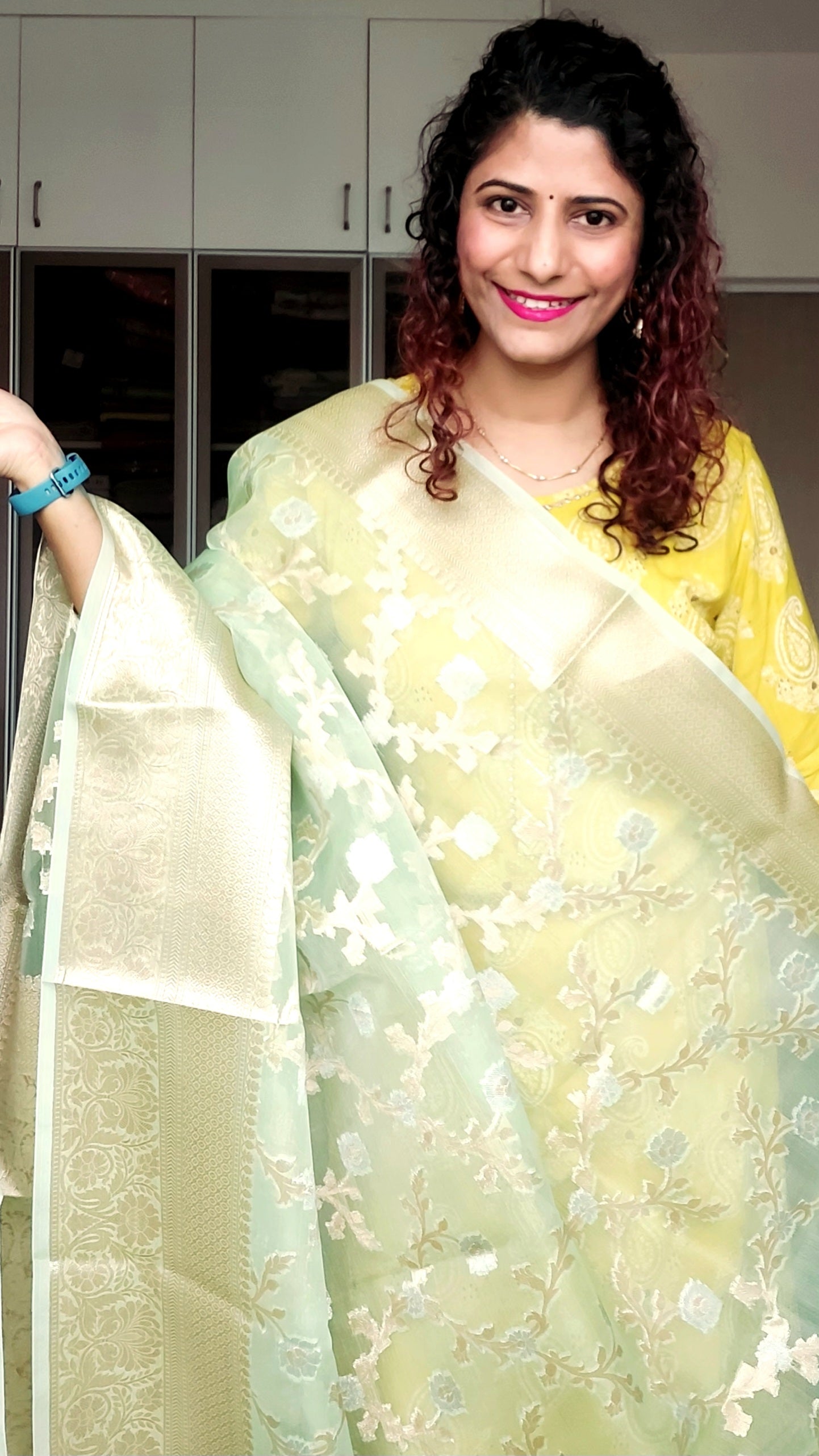 Semi Organza Banarasi Saree- Pista Green