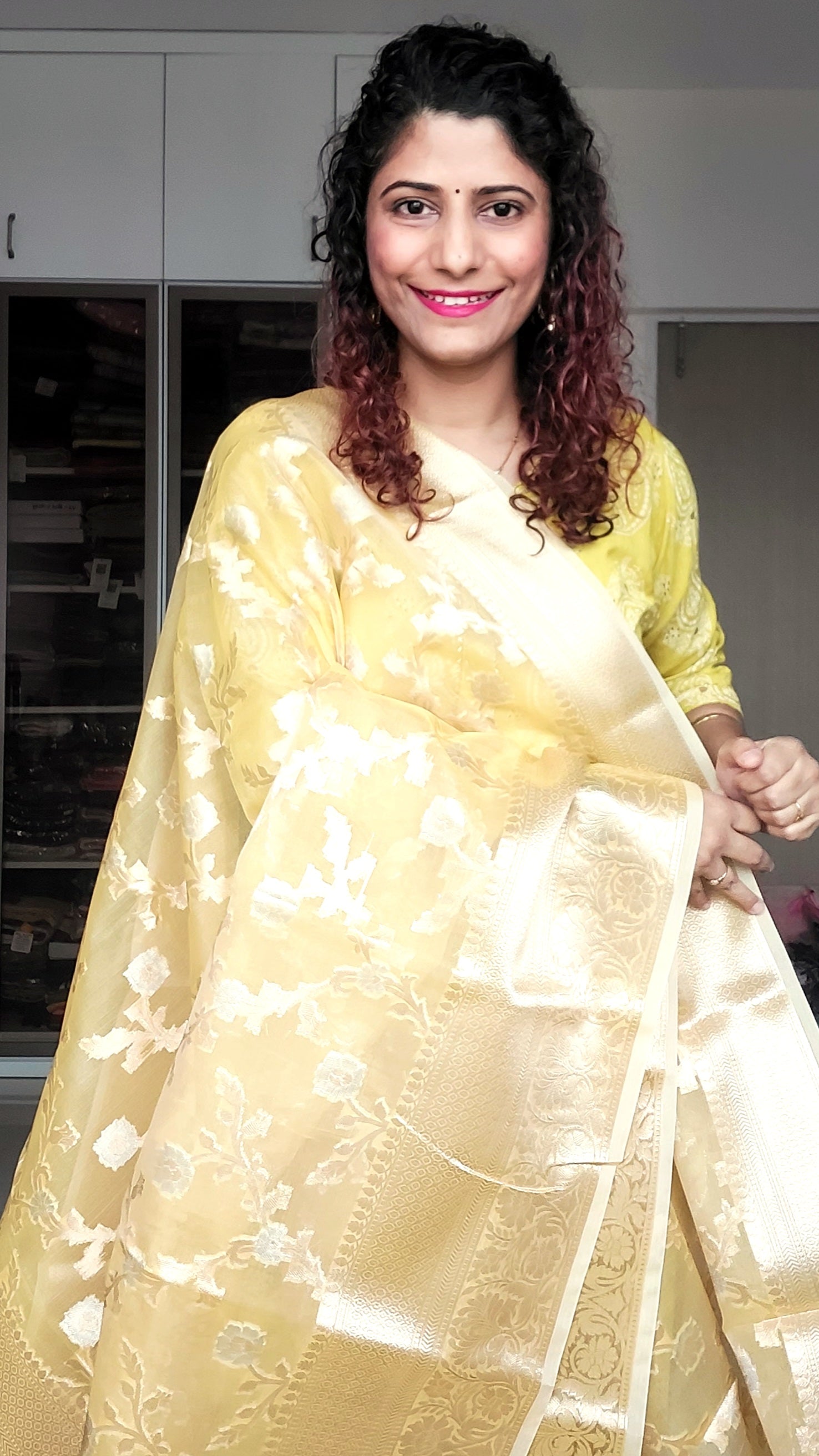 Semi Organza Banarasi Saree- Yellow