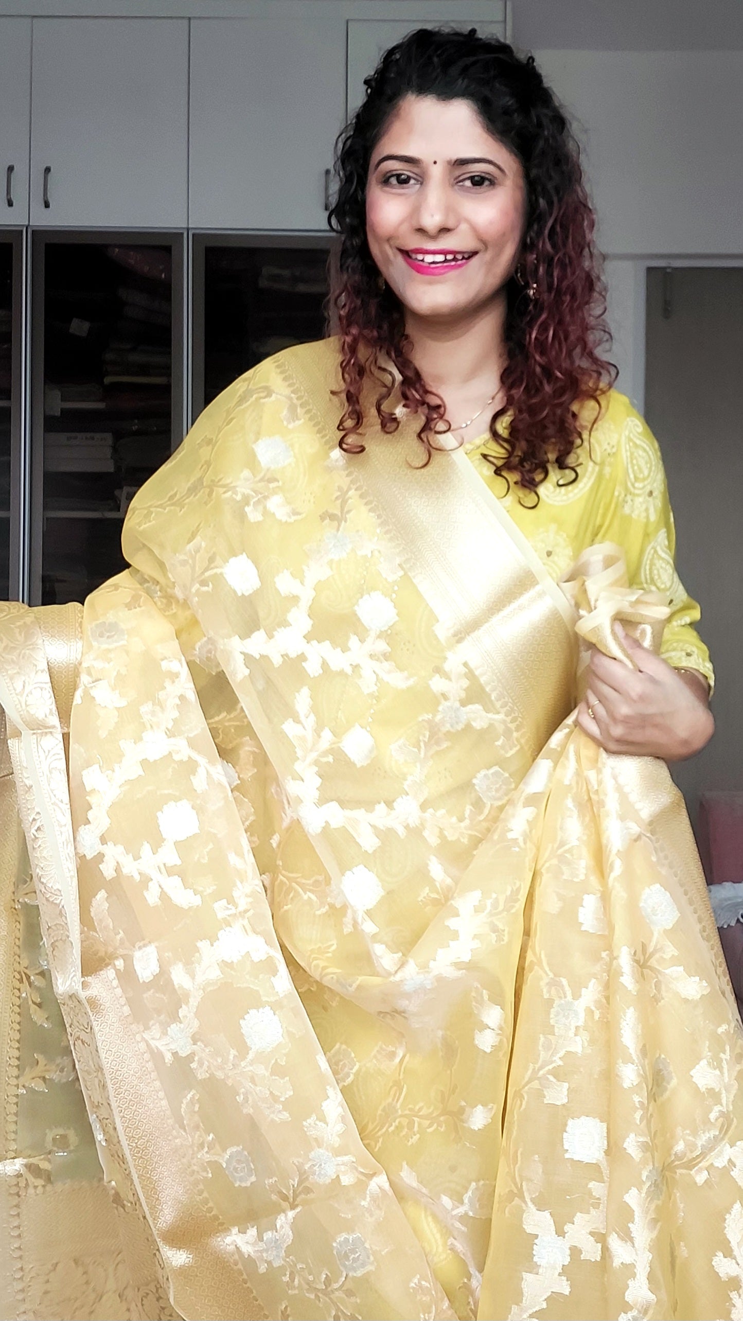 Semi Organza Banarasi Saree- Yellow