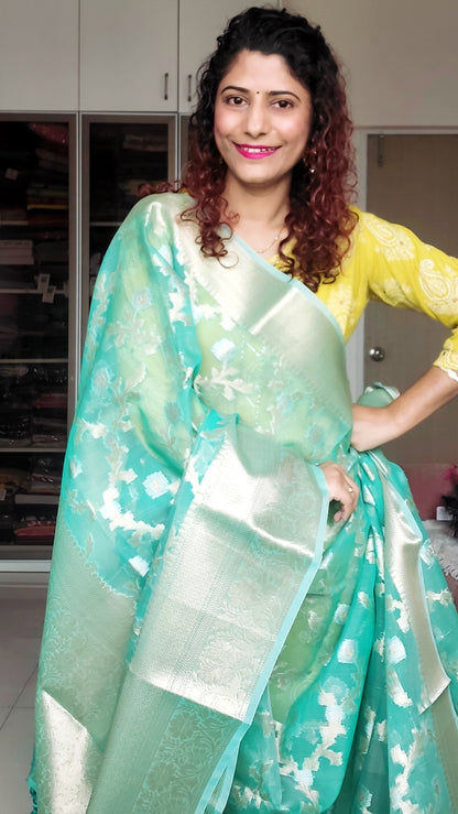 Semi Organza Banarasi Saree- Turquoise