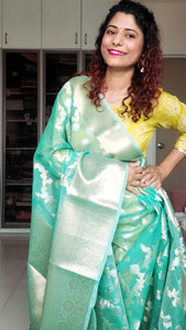 Semi Organza Banarasi Saree- Turquoise