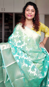 Semi Organza Banarasi Saree- Turquoise