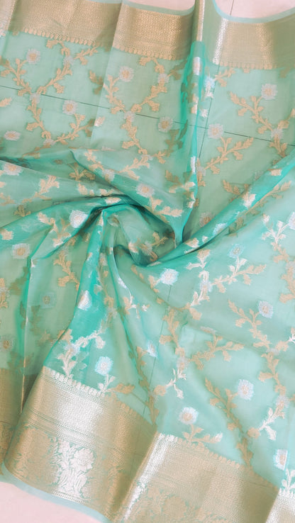 Semi Organza Banarasi Saree- Turquoise