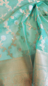 Semi Organza Banarasi Saree- Turquoise