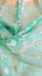 Semi Organza Banarasi Saree- Turquoise