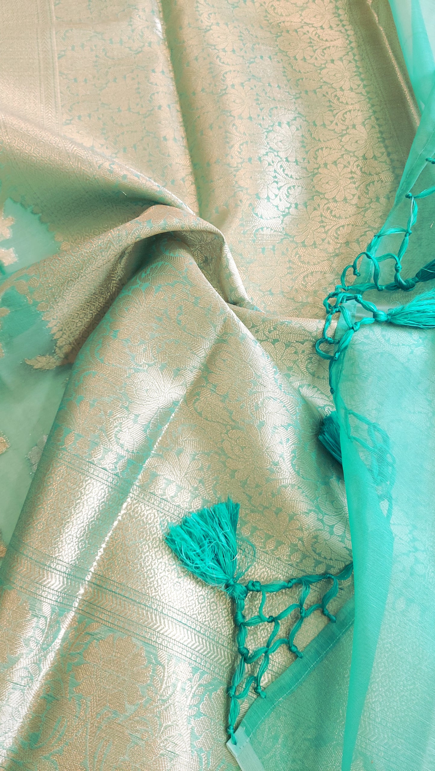 Semi Organza Banarasi Saree- Turquoise