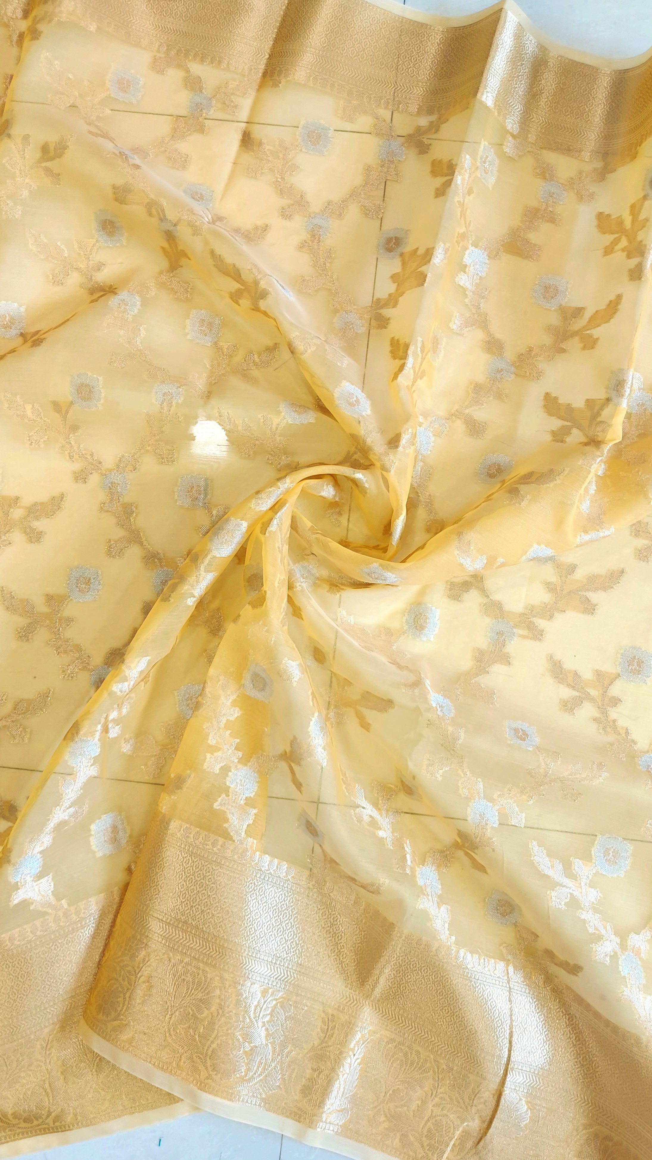 Semi Organza Banarasi Saree- Yellow