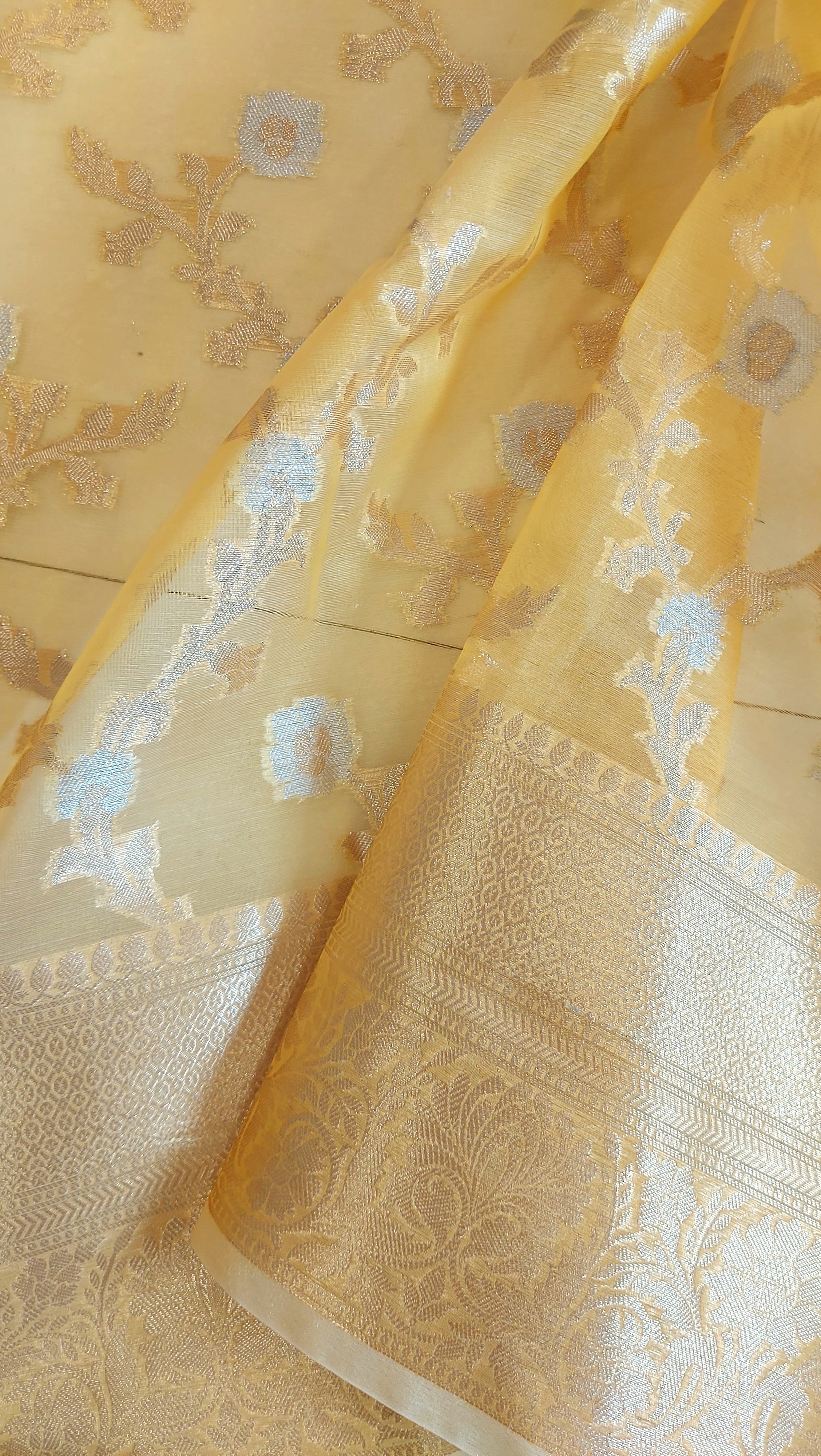 Semi Organza Banarasi Saree- Yellow