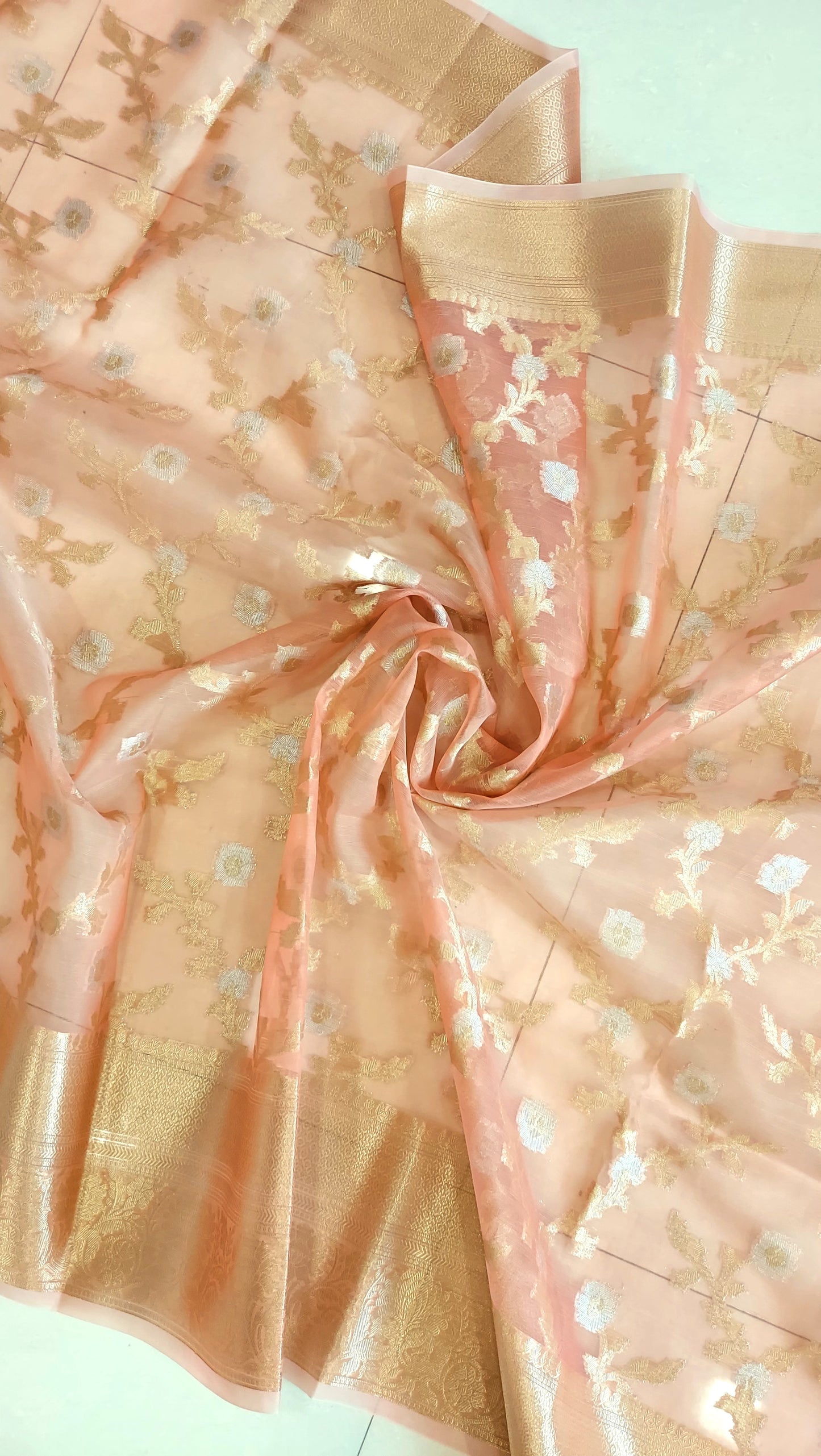 Semi Organza Banarasi Saree- Peach