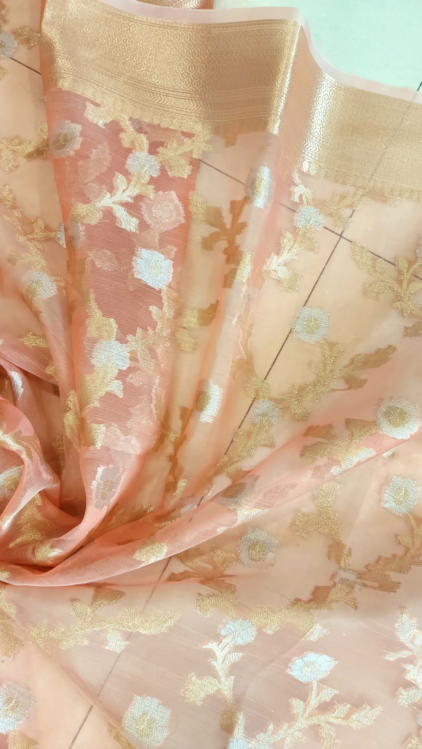 Semi Organza Banarasi Saree- Peach