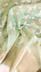 Semi Organza Banarasi Saree- Pista Green