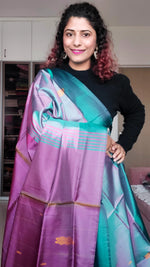 Load image into Gallery viewer, Handwoven Banana Pith Silk Saree- Shot Teal &amp; Wine
