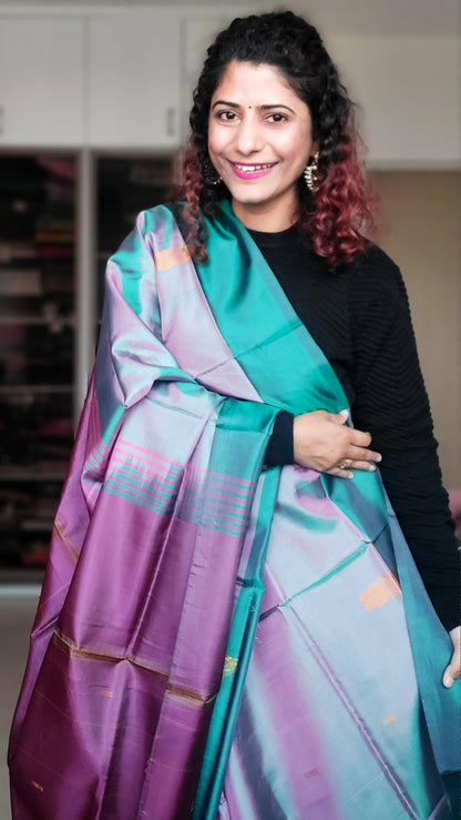 Handwoven Banana Pith Silk Saree- Shot Teal & Wine