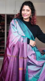 Load image into Gallery viewer, Handwoven Banana Pith Silk Saree- Shot Teal &amp; Wine
