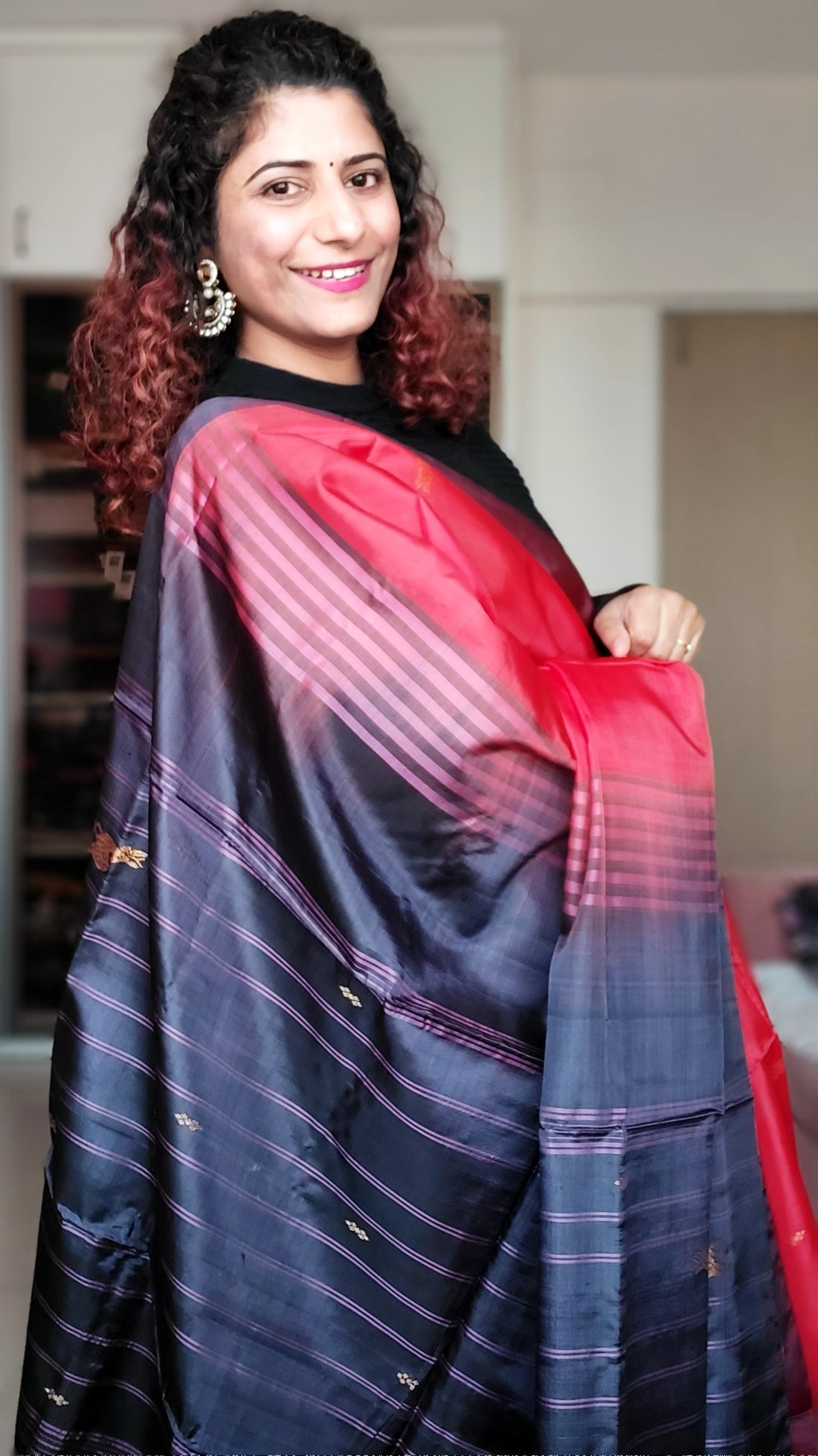 Handwoven Banana Pith Silk Saree- Deep Orange & Coffee