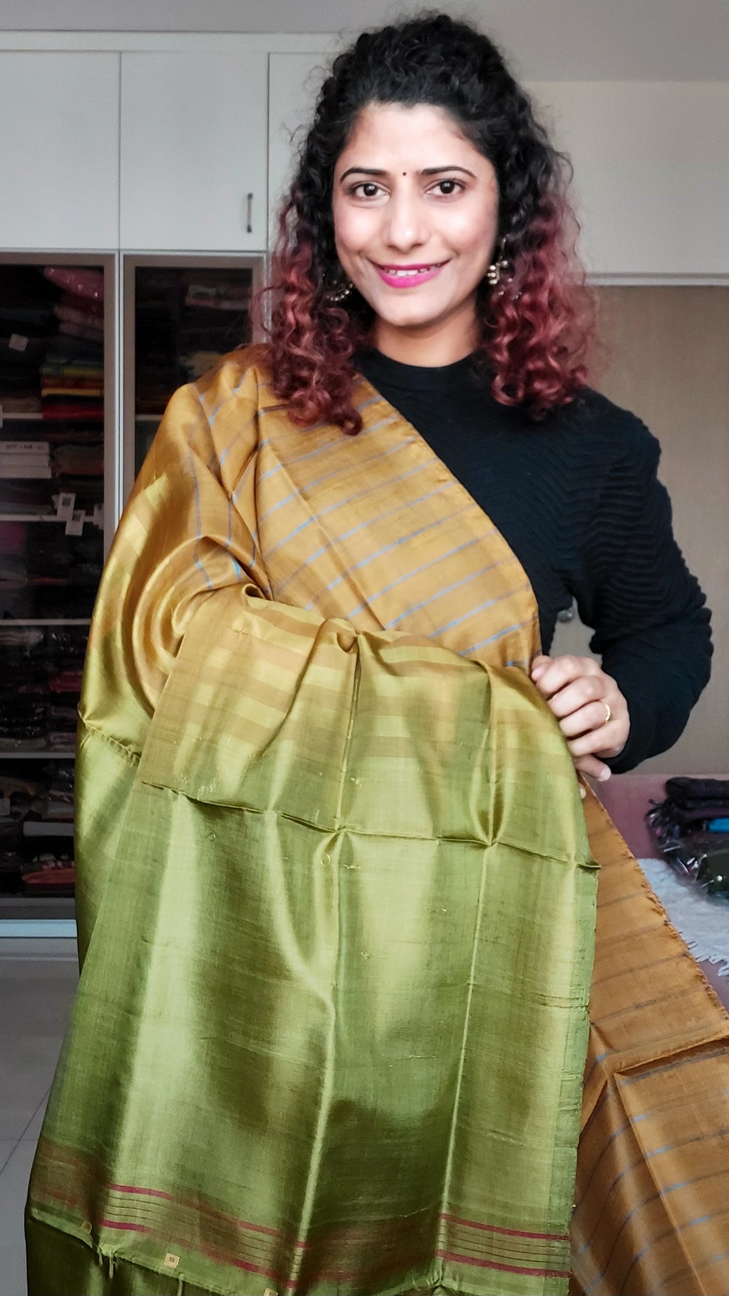 Handwoven Banana Pith Silk Saree- Striped Gold