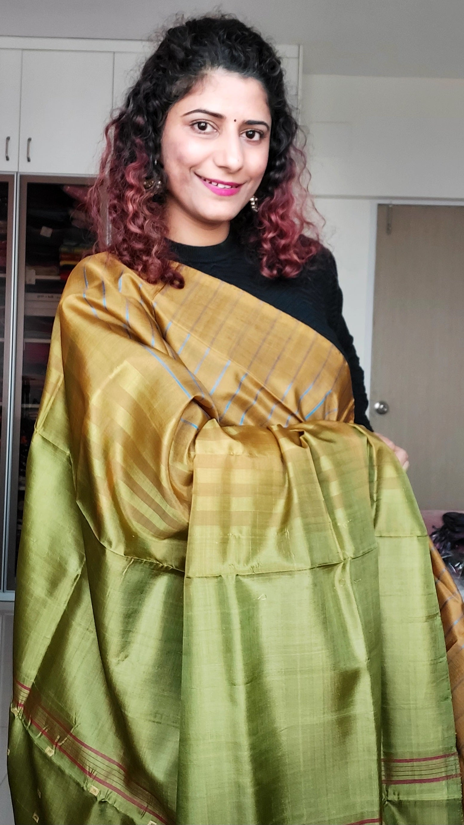 Handwoven Banana Pith Silk Saree- Striped Gold