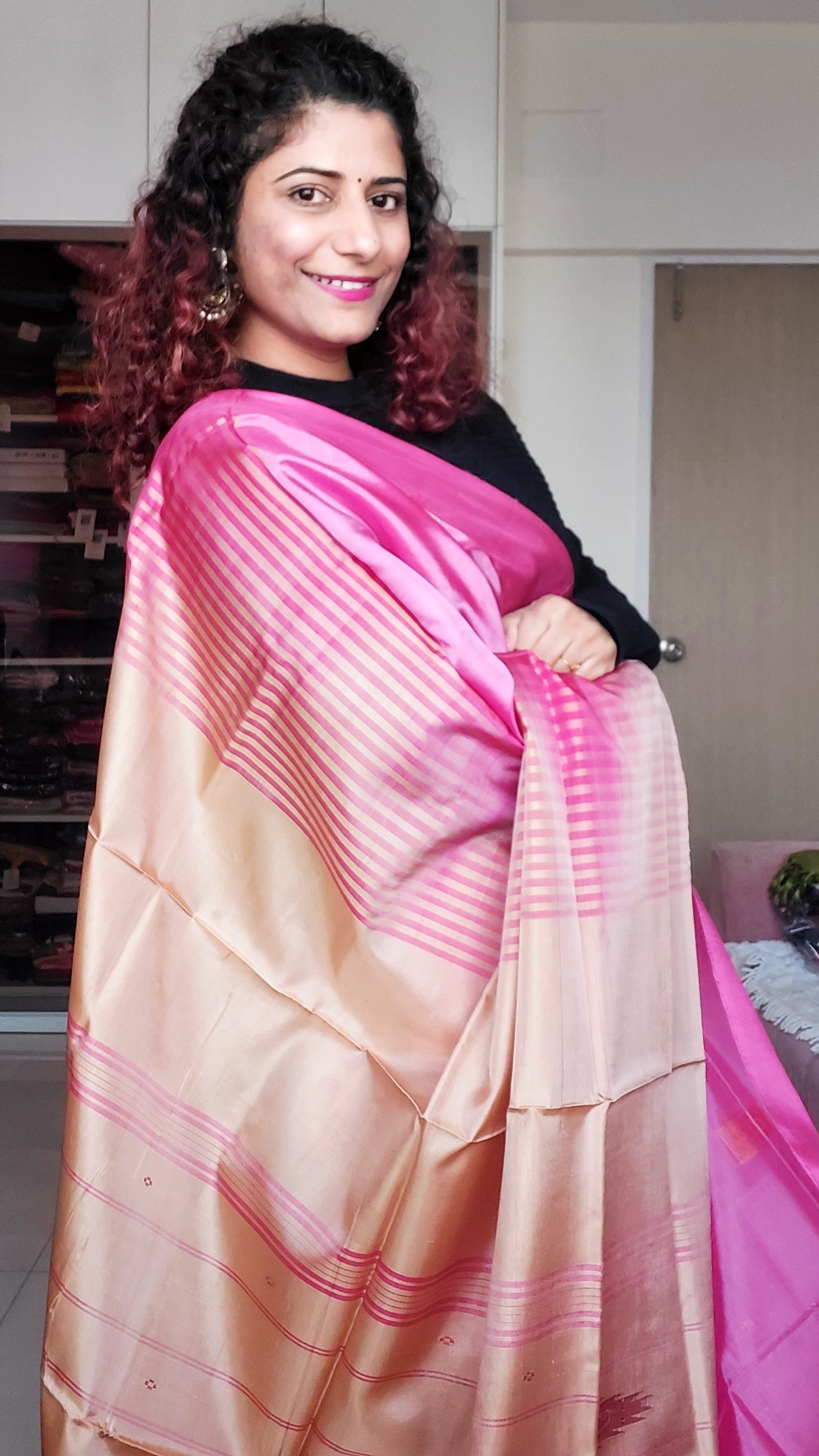 Handwoven Banana Pith Silk Saree- Pink & Tussar