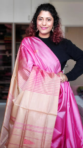 Handwoven Banana Pith Silk Saree- Pink & Tussar