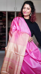 Handwoven Banana Pith Silk Saree- Pink & Tussar