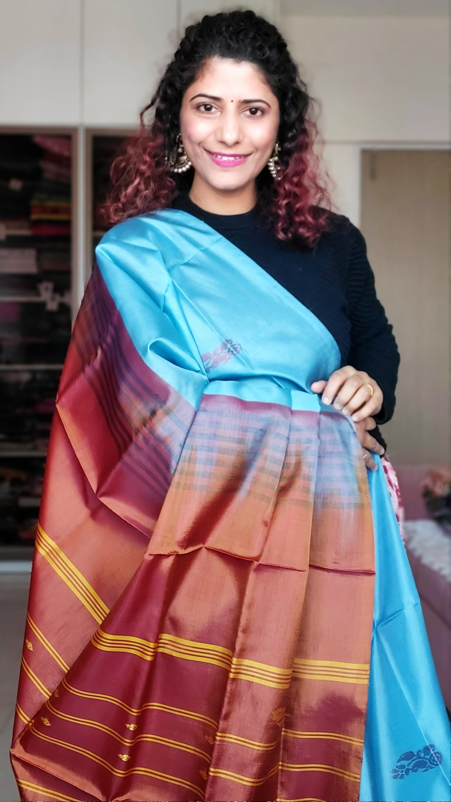 Handwoven Banana Pith Silk Saree- Slate Blue  & Copper