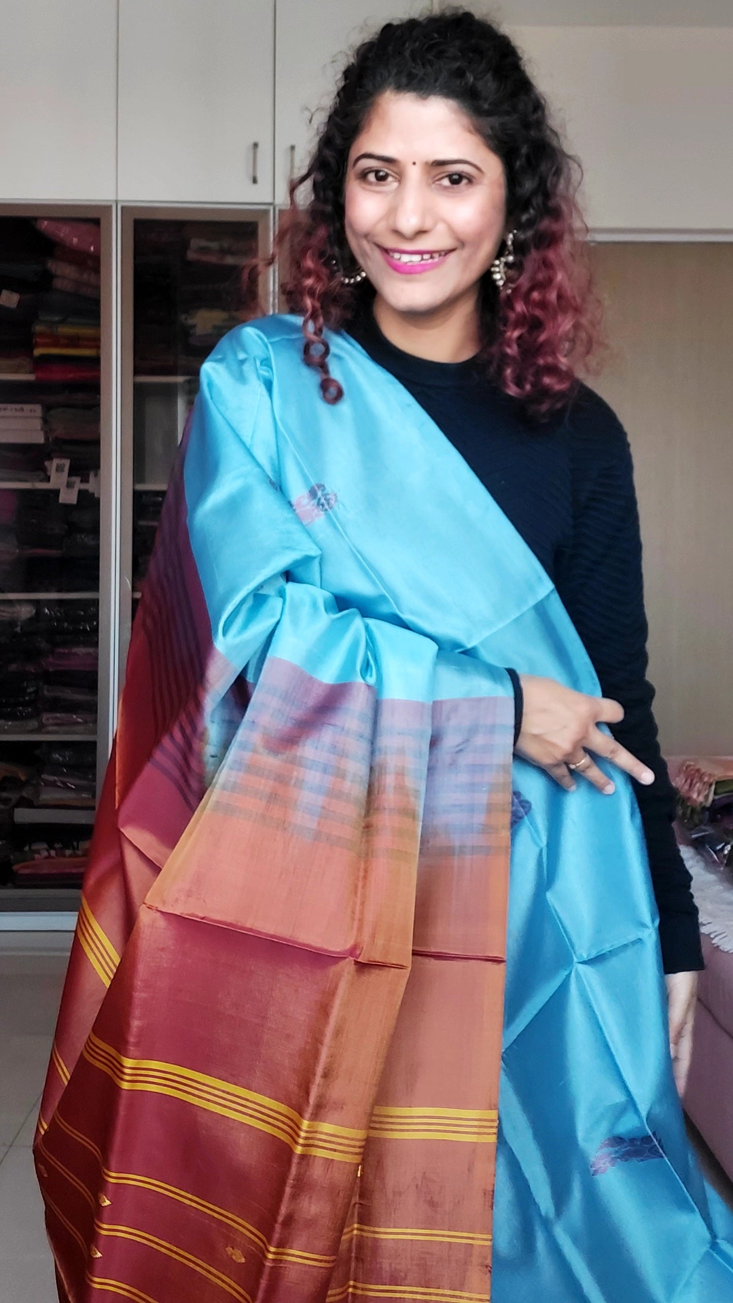 Handwoven Banana Pith Silk Saree- Slate Blue  & Copper