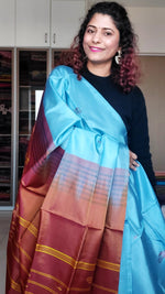 Load image into Gallery viewer, Handwoven Banana Pith Silk Saree- Slate Blue  &amp; Copper
