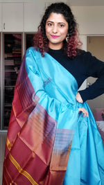 Load image into Gallery viewer, Handwoven Banana Pith Silk Saree- Slate Blue  &amp; Copper
