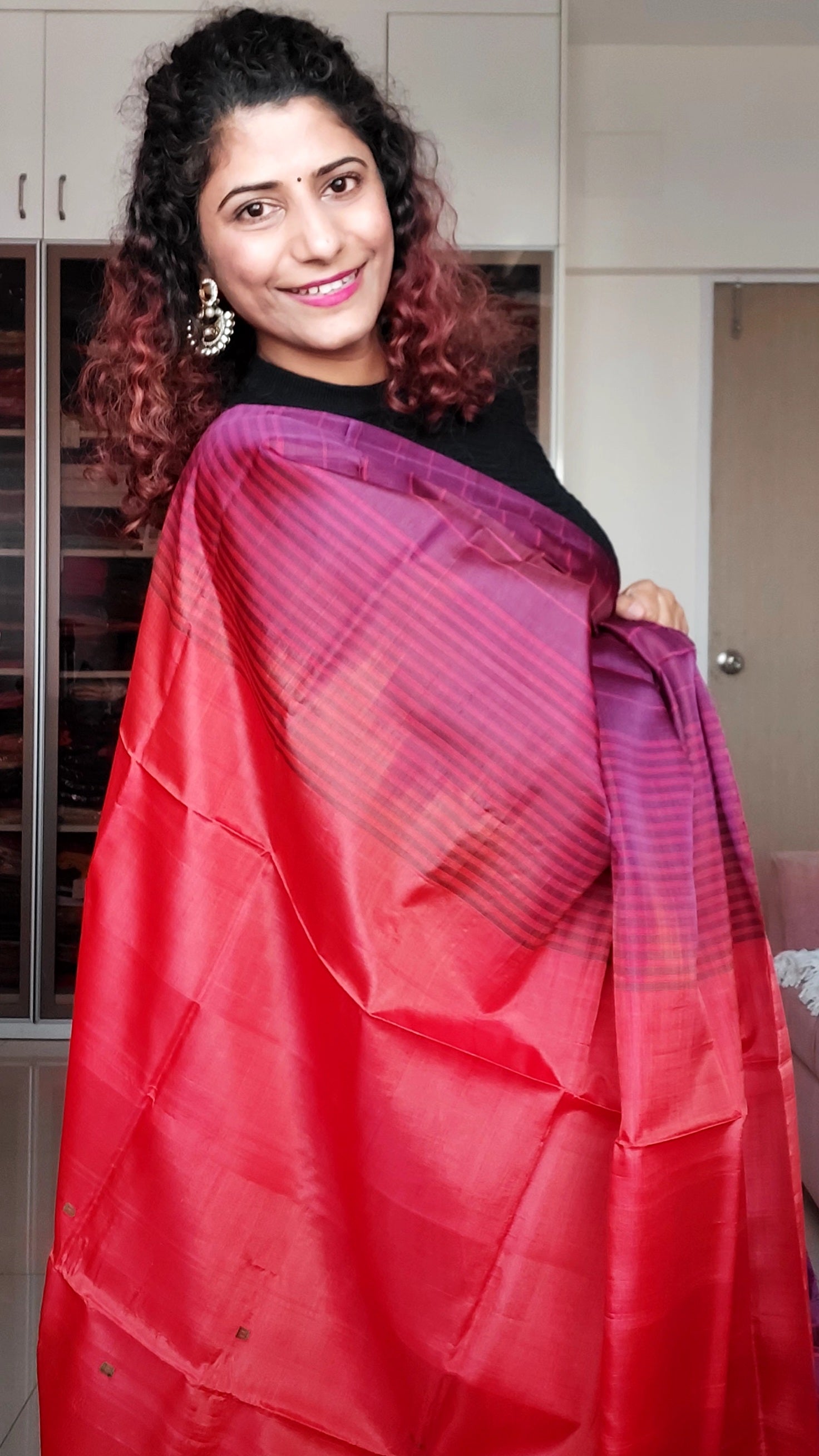 Handwoven Banana Pith Silk Saree- Striped Burgundy