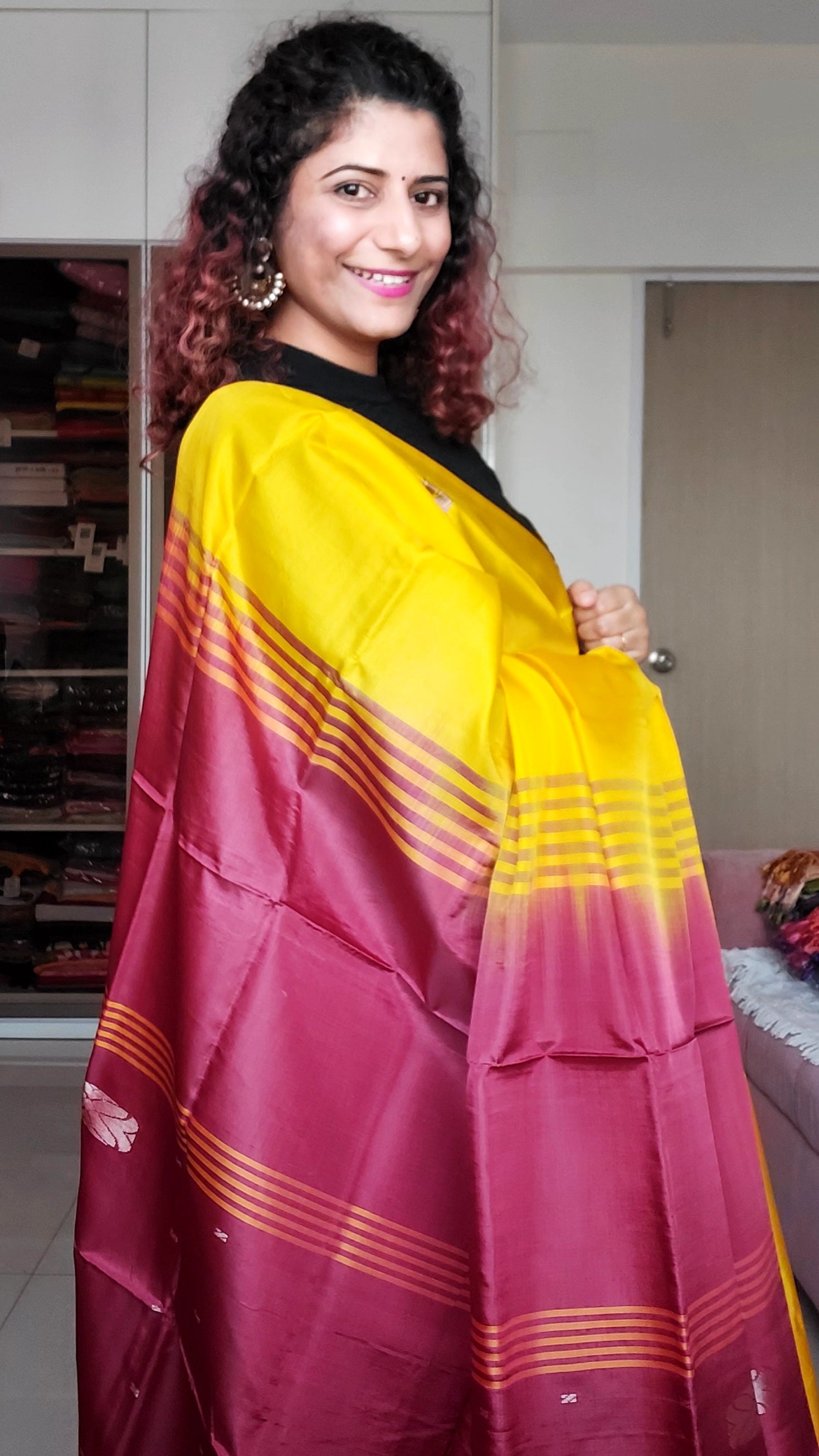 Handwoven Banana Pith Silk Saree- Yellow & Red