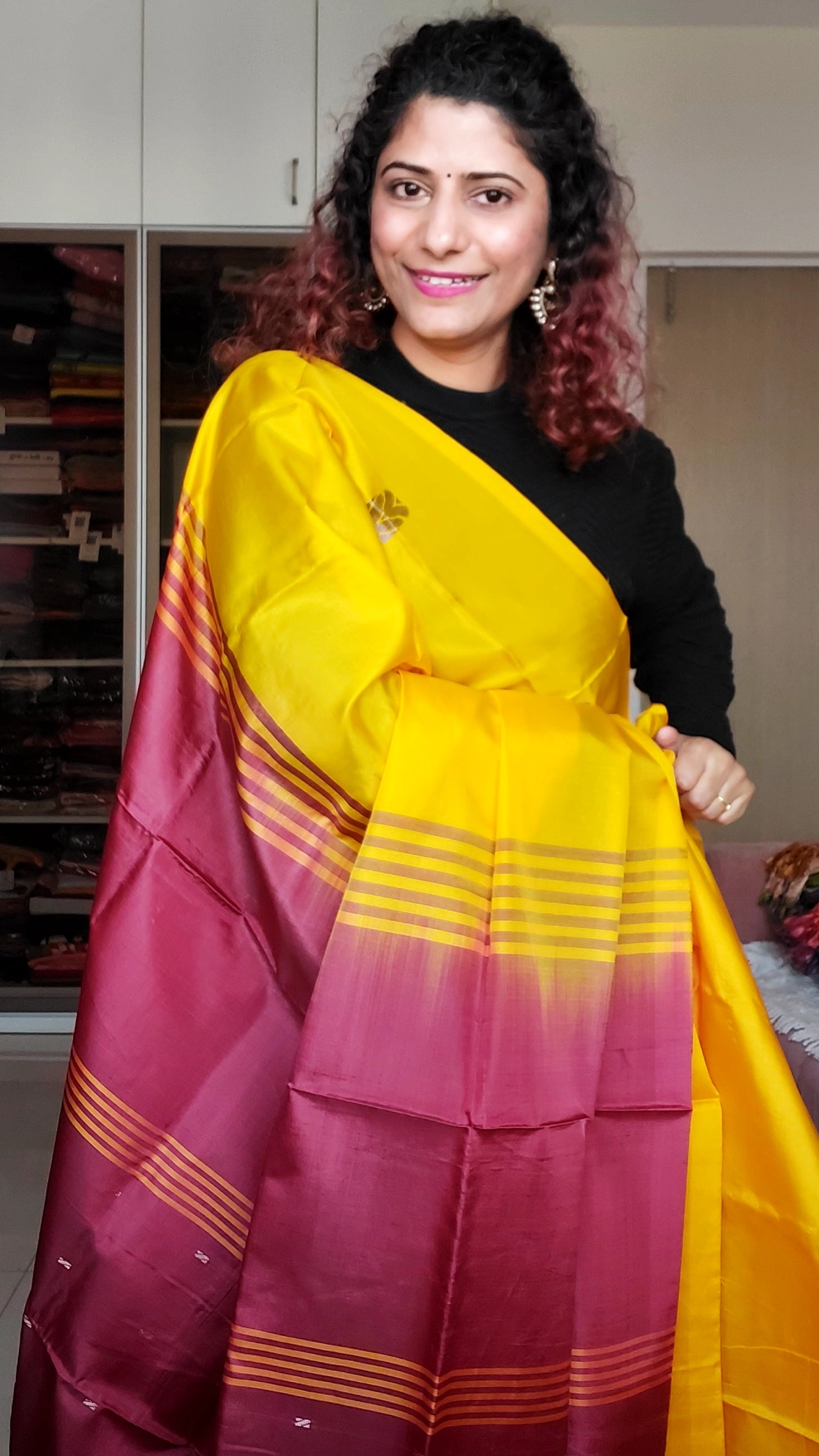 Handwoven Banana Pith Silk Saree- Yellow & Red