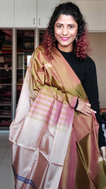 Load image into Gallery viewer, Handwoven Banana Pith Silk Saree- Antique Gold &amp; Tussar
