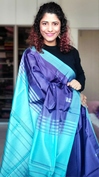 Handwoven Banana Pith Silk Saree- Indigo  & Sky blue