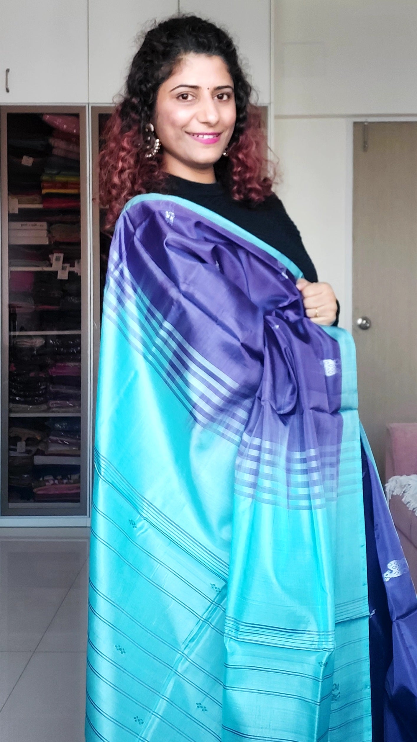 Handwoven Banana Pith Silk Saree- Indigo  & Sky blue