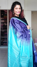 Load image into Gallery viewer, Handwoven Banana Pith Silk Saree- Indigo  &amp; Sky blue
