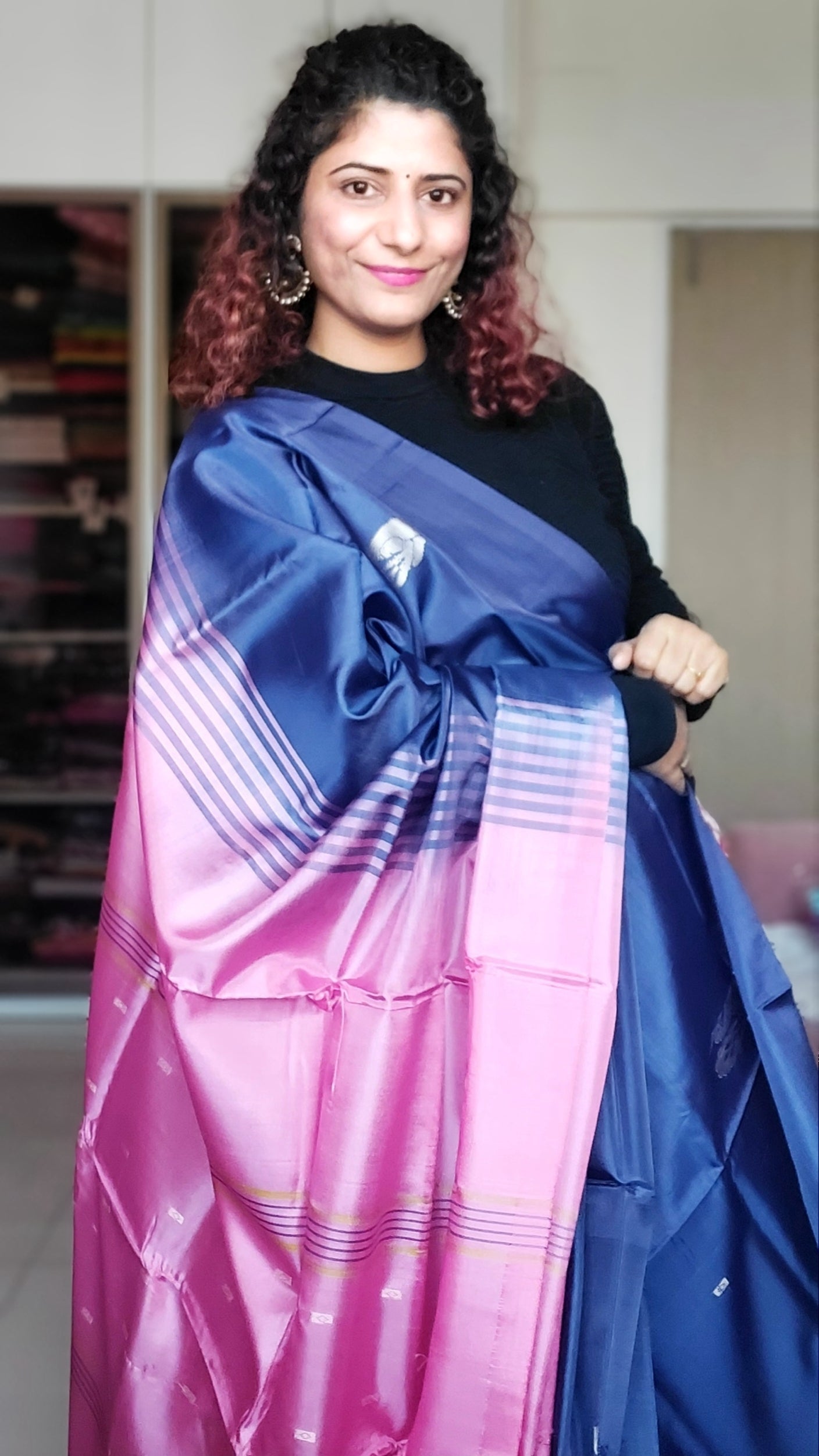 Handwoven Banana Pith Silk Saree- Navy Blue  & Pink