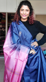 Load image into Gallery viewer, Handwoven Banana Pith Silk Saree- Navy Blue  &amp; Pink
