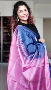 Handwoven Banana Pith Silk Saree- Navy Blue  & Pink