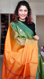 Load image into Gallery viewer, Handwoven Banana Pith Silk Saree- Green &amp; Orange
