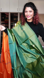 Load image into Gallery viewer, Handwoven Banana Pith Silk Saree- Green &amp; Orange
