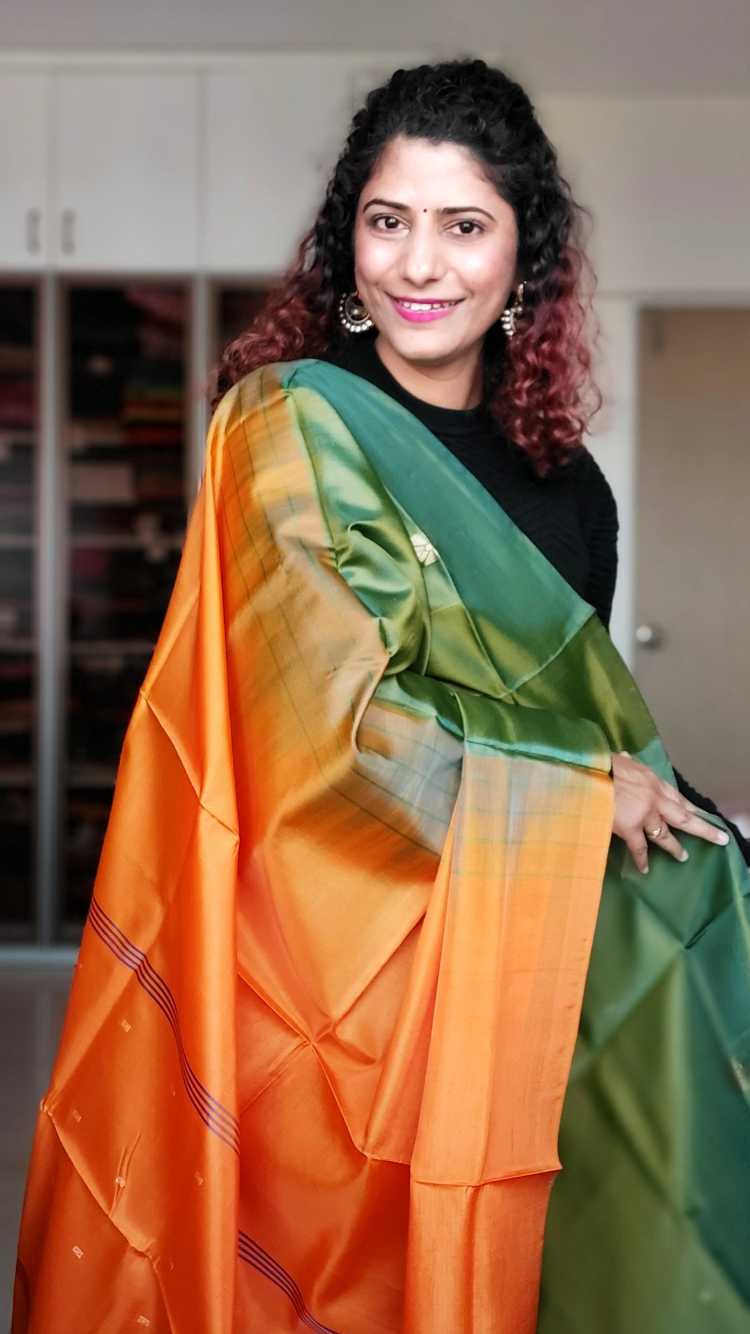 Handwoven Banana Pith Silk Saree- Green & Orange