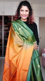 Load image into Gallery viewer, Handwoven Banana Pith Silk Saree- Green &amp; Orange
