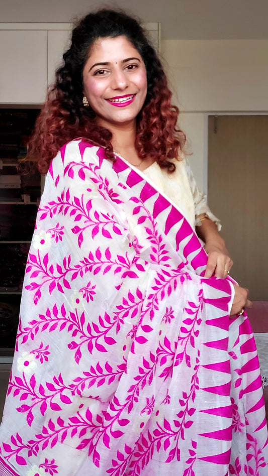 Blended Resham Jamdani-White Pink