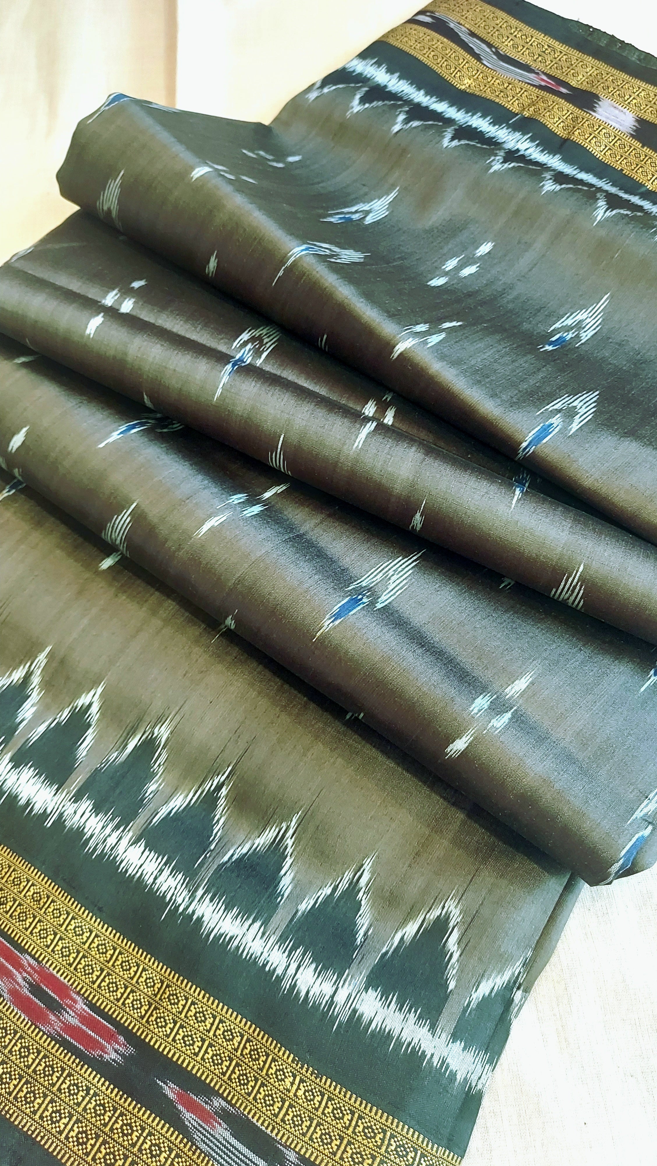 Odisha Ikkat Khandua Silk Saree - Mayura Chandrika-Dark Olive