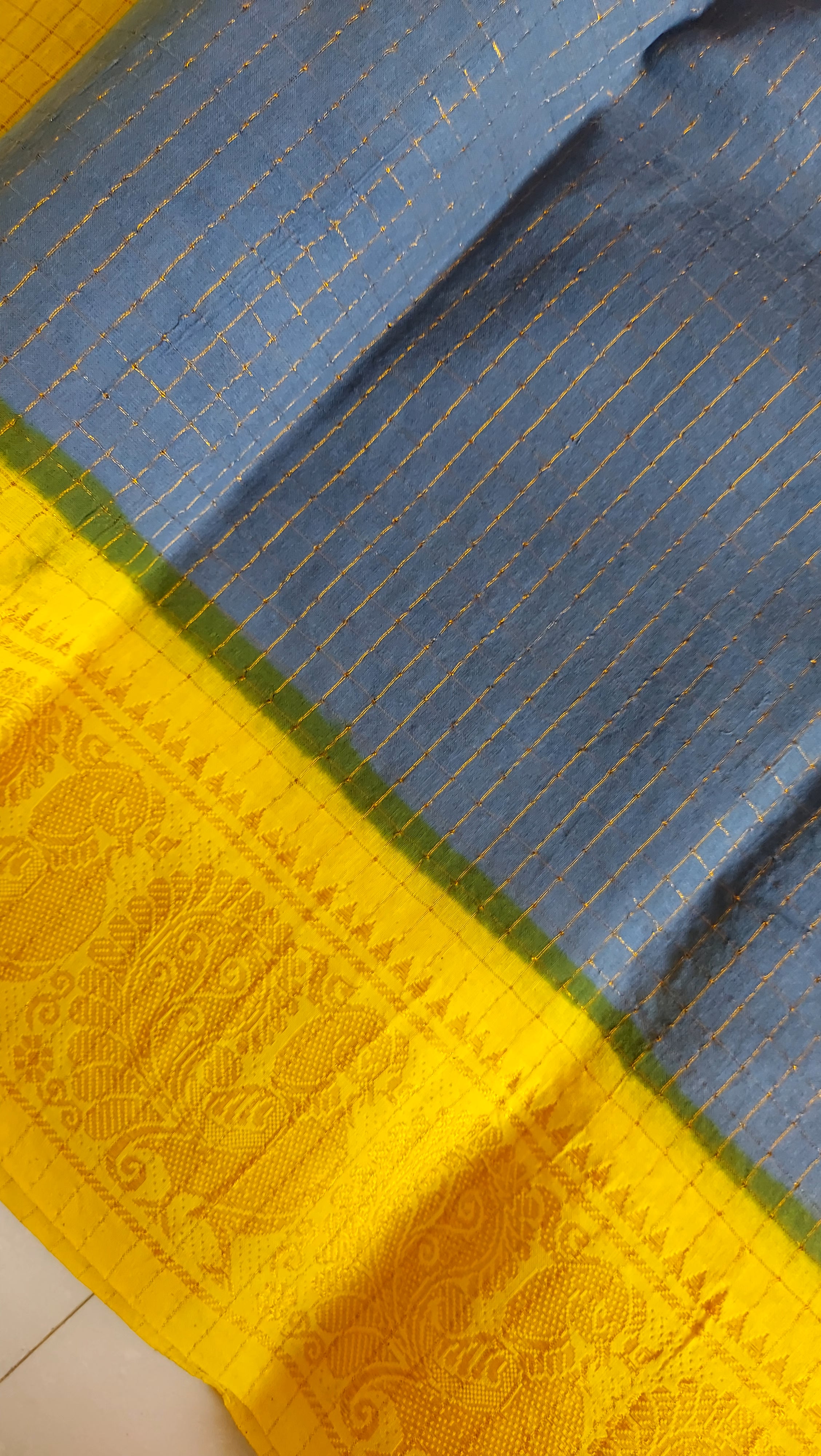 Madurai Sungudi Cotton Saree - Grey and Yellow