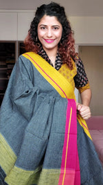 Load image into Gallery viewer, Black Patteda Anchu Cotton Saree With Ganga Jamuna Border- Yellow Red
