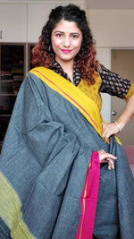 Load image into Gallery viewer, Black Patteda Anchu Cotton Saree With Ganga Jamuna Border- Yellow Red
